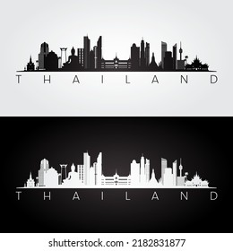 Thailand skyline and landmarks silhouette, black and white design, vector illustration.