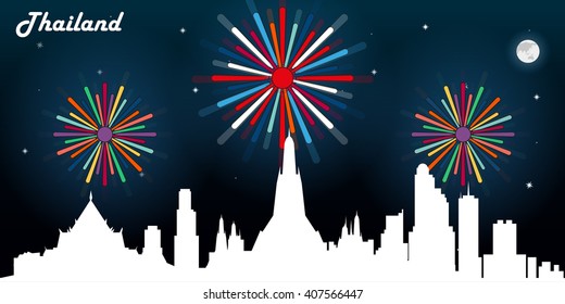 Thailand skyline silhouette, dark night sky with fireworks vector design