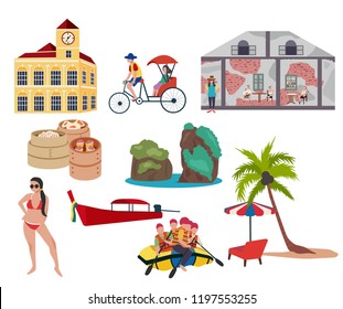 Thailand southern traveling concept with the local landmarks elements, all in flat style design, illustration, vector