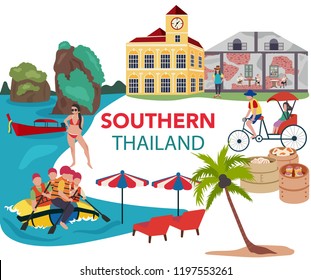 Thailand southern traveling concept with the local landmarks, all in flat style design, illustration, vector