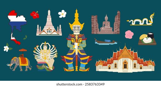 Thailand sticker. Thai Bangkok icon. Tourism doodle design symbols. Country map with flag. Buddha sculpture. Traditional food. Summer vacation. Buddhist temple. Vector graphic traveling elements set