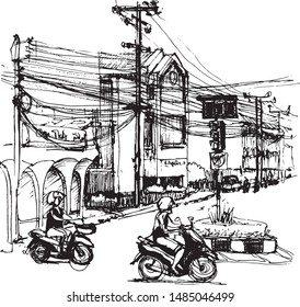 Thailand street with a bike and people, Samui. Vector illustration with hand made drawing sketch with plein air