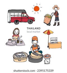 Mercado de comida callejera de Tailandia, ilustración vectorial de estilo dibujado a mano.