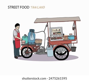 Comida callejera de Tailandia, vendedor de fideos. Ilustración vectorial de estilo dibujado a mano.