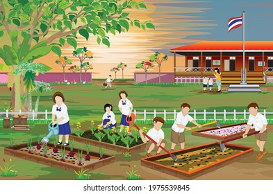 Thailand students plant vegetable in front of school building vector design