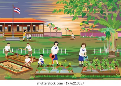 Thailand students plant vegetable in front of school building vector design