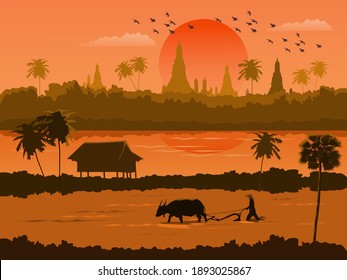 
Thailand sunset view with farmers working in the fields. There is a river and a Buddhist temple in the background.