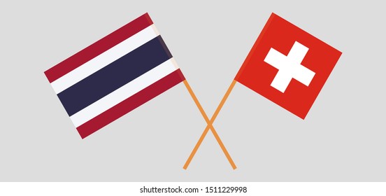 Thailand and Switzerland. Crossed Thai and Swiss flags. Official colors. Correct proportion. Vector illustration
