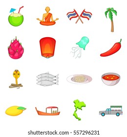 Thailand symbols icons set. Cartoon illustration of 16 Thailand symbols vector icons for web