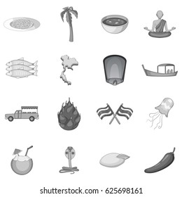 Thailand symbols icons set in monochrome style isolated vector illustration