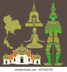 Thailand symbols, marble Temple Benchamabophit, Guardian Giant Yaksha, Buddhist stupa - chedi, sculpture of Buddha