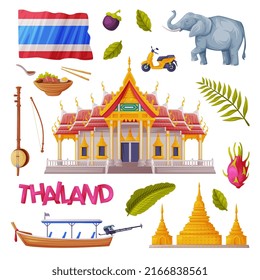 Thailand Symbols and Object with Buddhist Temple, Elephant and Wooden Boat Vector Set