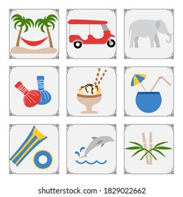 Thailand symbols set Vector illustration Tuk-tuk, palm trees, hammock, elephant, herbal pouches for massage, ice cream, cocktail, inflatable ring, mattress, dolphin, bamboo Vacation Travel Thai Summer