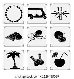 Thailand symbols set Vector illustration Pearl necklace, tuk-tuk, bamboo, shell, octopus, palm tree, herbal pouches for massage, exotic fruits durian, cocktail Vacation Travel Thai culture  Traditions