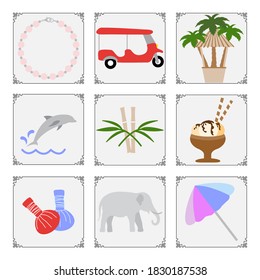 Thailand symbols set Vector illustration Pearl necklace, tuk-tuk, palm trees, dolphin, bamboo, ice cream, herbal pouches for massage, elephant, umbrella. Vacation Travel Thai Summer Design for print
