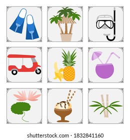 Thailand symbols set Vector illustration Tuk-tuk, palm trees, ice cream, cocktail, banana, pineapple, mask, tube, fins, lily, bamboo. Vacation Travel Thai Summer rest. Design for print