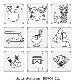 Thailand symbols set Vector illustration Cocktail, palm trees, hammock, banana, pineapple, ice cream, mask, tube, fins, seashell, tuk-tuk, herbal pouches for massage Vacation Travel Thai Summer rest