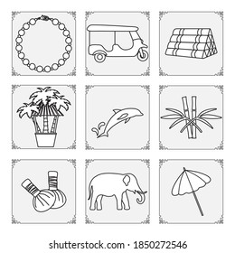Thailand symbols set Vector illustration Pearl necklace, tuk-tuk, palm tree, pillow, bamboo, herbal pouches for massage, dolphin, elephant, umbrella. Vacation. Travel. Traditions. Thai culture