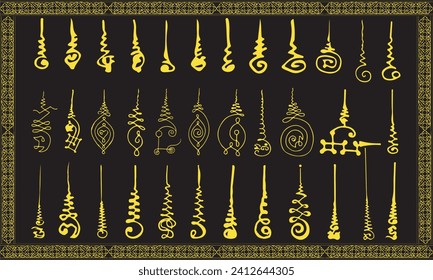 Thailand talisman set. Thai ancient traditional tattoo,Sak yant thai. Unalome symbol, Hindu or Buddhist sign representing path to enlightenment. Yantras Tattoo icon. Simple. isolated vector. Gold.