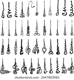 Thailand talisman set. Thai ancient traditional tattoo,Sak yant thai. Unalome symbol, Hindu or Buddhist sign representing path to enlightenment. Yantras Tattoo icon. Simple. isolated vector. Yant set.