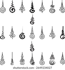 Talismã tailandês. Tatuagem tradicional tailandesa antiga, Sak yant thai. Símbolo Unalome, sinal hindu ou budista representando o caminho para a iluminação. Ícone Yantras Tattoo. Vetor isolado simples.
