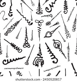 Thailand talisman Yantras and ancient characters Seamless pattern. Thai ancient traditional Sak yant thai. Unalome symbol, Hindu or Buddhist sign representing path to enlightenment. Seamless pattern.