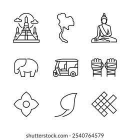 Thailand, temple, map, monk, elephant, scooter taxi, boxing, pattern icons set. Outline style. Vector. Isolate on white background.