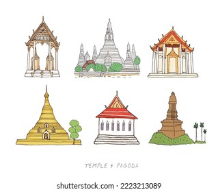 Thailand temple and pagoda freehand drawn style set, white background