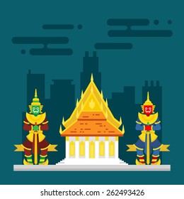 Thailand temple with two giants guarding illustration vector