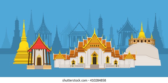 Thailand Temple Or Wat Landmark, Skyline City Background, Travel Attraction