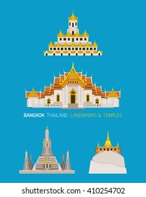 Thailand Temples Landmarks Objects Set, Wat Arun or Temple of Dawn, Benchamabophit, Golden Mount, Loha Prasat or Metal Castle