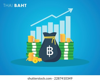 Thailand - Thai Baht currency growth to success concept. The money bag chart increases profit. Business growth concept. Vector illustration design