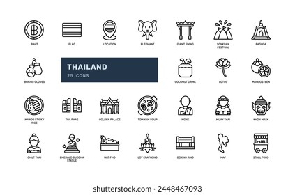 thailand thai tourism travel culture and landmark detailed outline line icon set