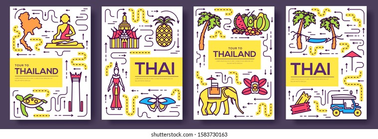 Thailand thin line brochure cards set. Country template of flyer, magazines, posters, book cover, banners. Vector outline invitation concept background. Layout architecture modern pages