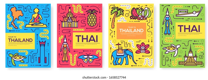 Thailand thin line brochure cards set. Country template of flyer, magazines, posters, book cover, banners. Vector outline invitation concept background. Layout architecture modern pages