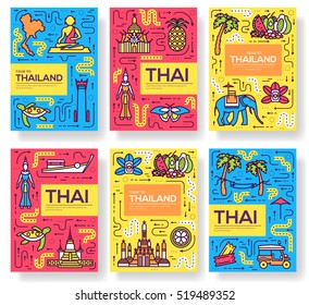 thailand thin line brochure cards set. Country template of flyear, magazines, posters, book cover, banners. Vector outline invitation concept background. Layout architecture modern pages