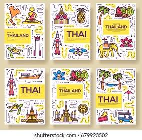 thailand thin line brochure cards set. Country template of flyear, magazines, posters, book cover, banners. Vector outline invitation concept background. Layout architecture modern pages