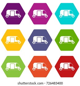 Thailand three wheel native taxi icon set many color hexahedron isolated on white vector illustration