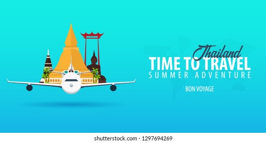 Thailand. Time to Travel. Banner with airplane. Vector illustration