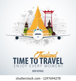 Thailand. Time to Travel. Banner with airplane and doodle elements on background. Vector illustration