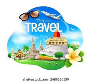 Thailand tourism architecture, People come to travel, banner design on cloud and sky blue background, eps 10 vector illustration
