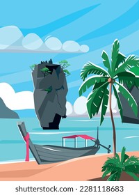 Thailand tourism beach holiday with canoe and coconut palm in background with blue sky and sea flat vector illustration