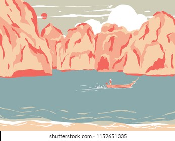 Thailand tourism landscape, driver driver boat in Phi Phi island, colorful pastel theme