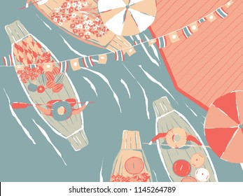 Thailand Tourism Landscape, Floating Market Aerial View, Colorful Pastel Theme