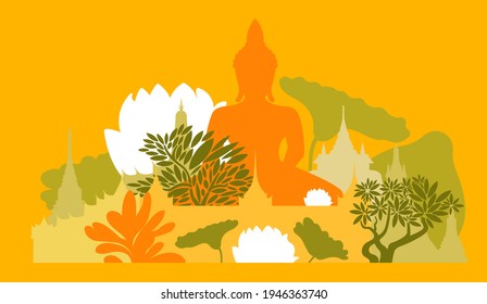 Thailand tourism and travel travel poster. Architecture, temples. Buddha statue, tropical plants. Vector illustration. 