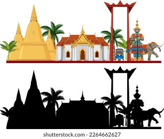 Thailand tourist attraction landmark with silhouette illustration