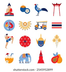 Thailand touristic attractions and Bangkok landmarks icon set. Thai traditions and culture elements. Travel Asia symbols as elephant, Buddha, temple, fruits, tuk-tuk, Muay Thai fighter, Khon mask.