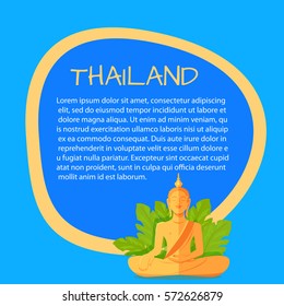 Thailand touristic banner with national symbol and sample text. Monument of meditaiting golden Buddha in leaves flat vector illustration. Vacation in asian country concept for travel company ad