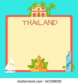 Thailand touristic banner with national symbols and copyspace. Thai cultural, architectural and nature attractions flat vector illustration. Vacation in exotic country concept for travel company ad