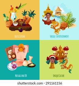 Thailand touristic design concept set with exotic cuisine massage spa culture and entertainment cartoon icons isolated vector illustration